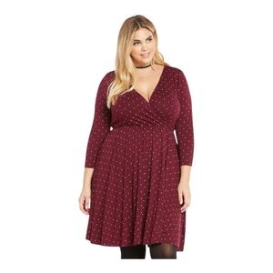 Torrid Burgundy Dot Print Surplice Skater Dress Plus Size 2 2X